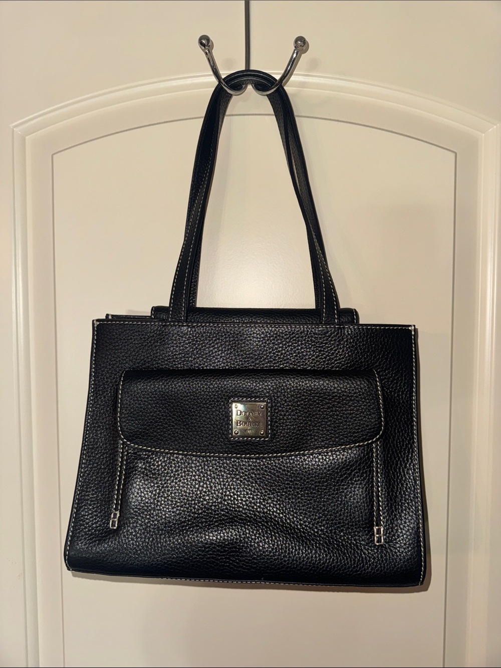 Dooney & Bourke Black Pebble Leather Janine Satchel Shoulder Bag with Front Flap